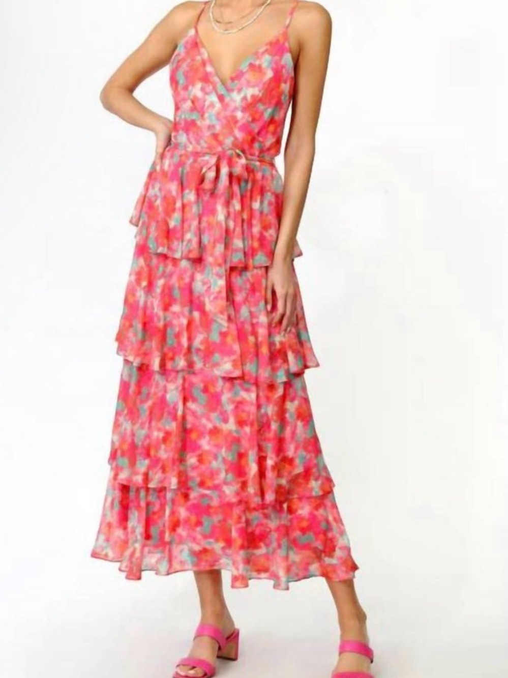 Adelyn Rae Coral Pink Floral Tiered Maxi Dress
